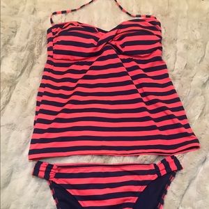 Mossimo Size L Peach/Navy Blue Striped Tankini
